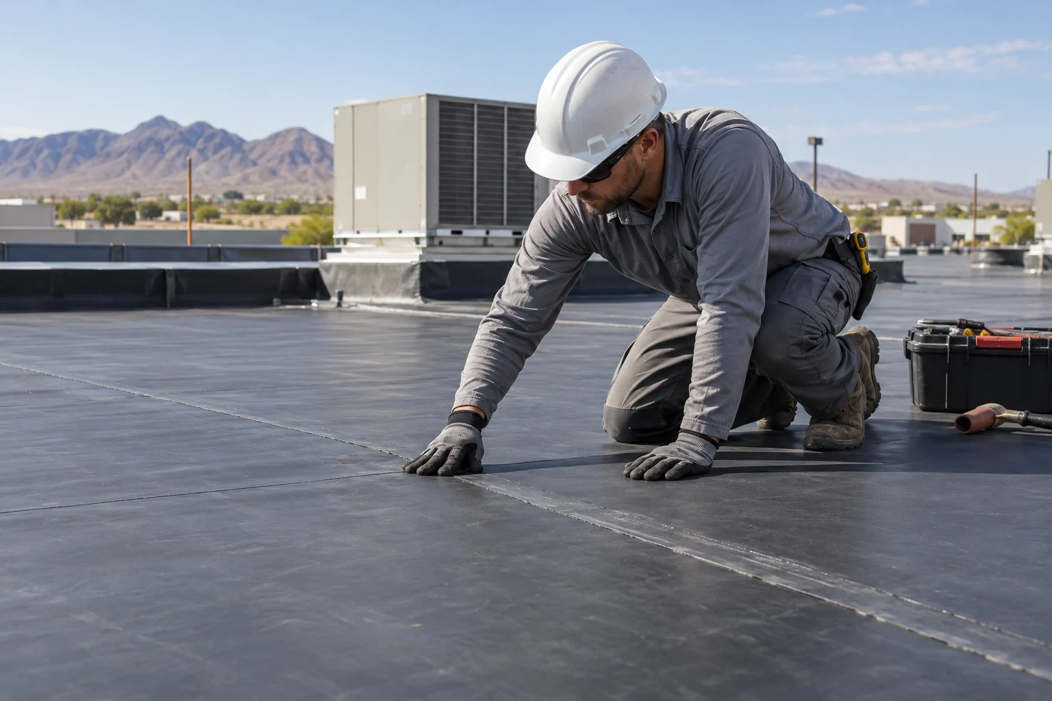 Roof technician checking black EPDM membrane seams on a commercial flat roof