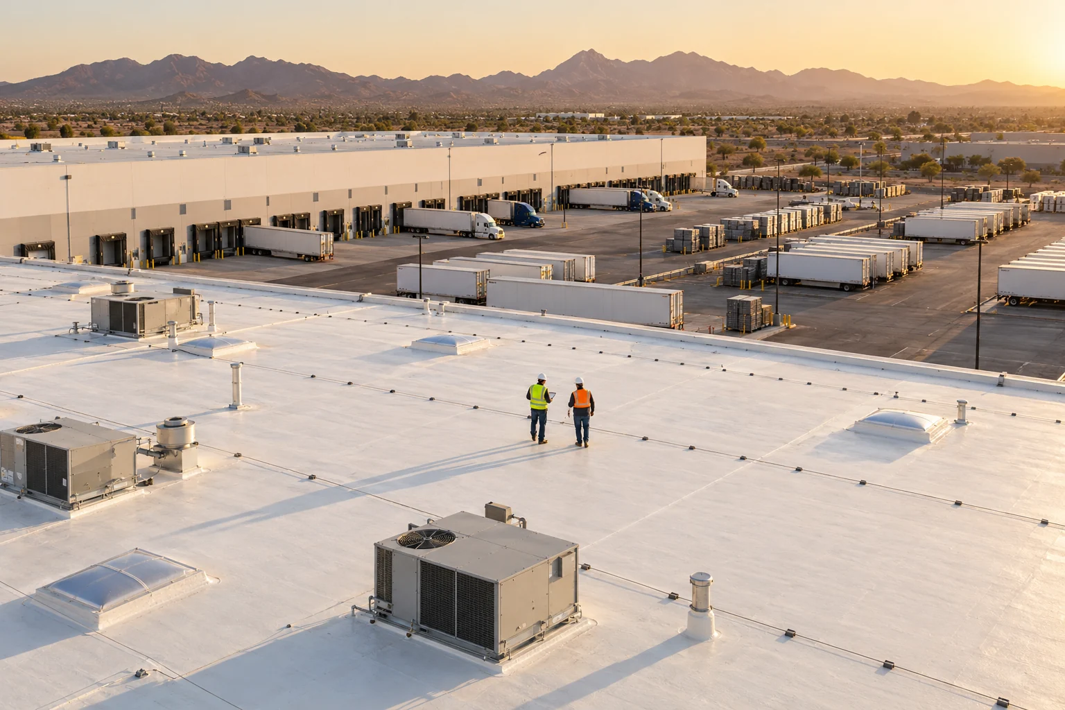 Elevated view of warehouse roofs, loading docks and two roof inspectors