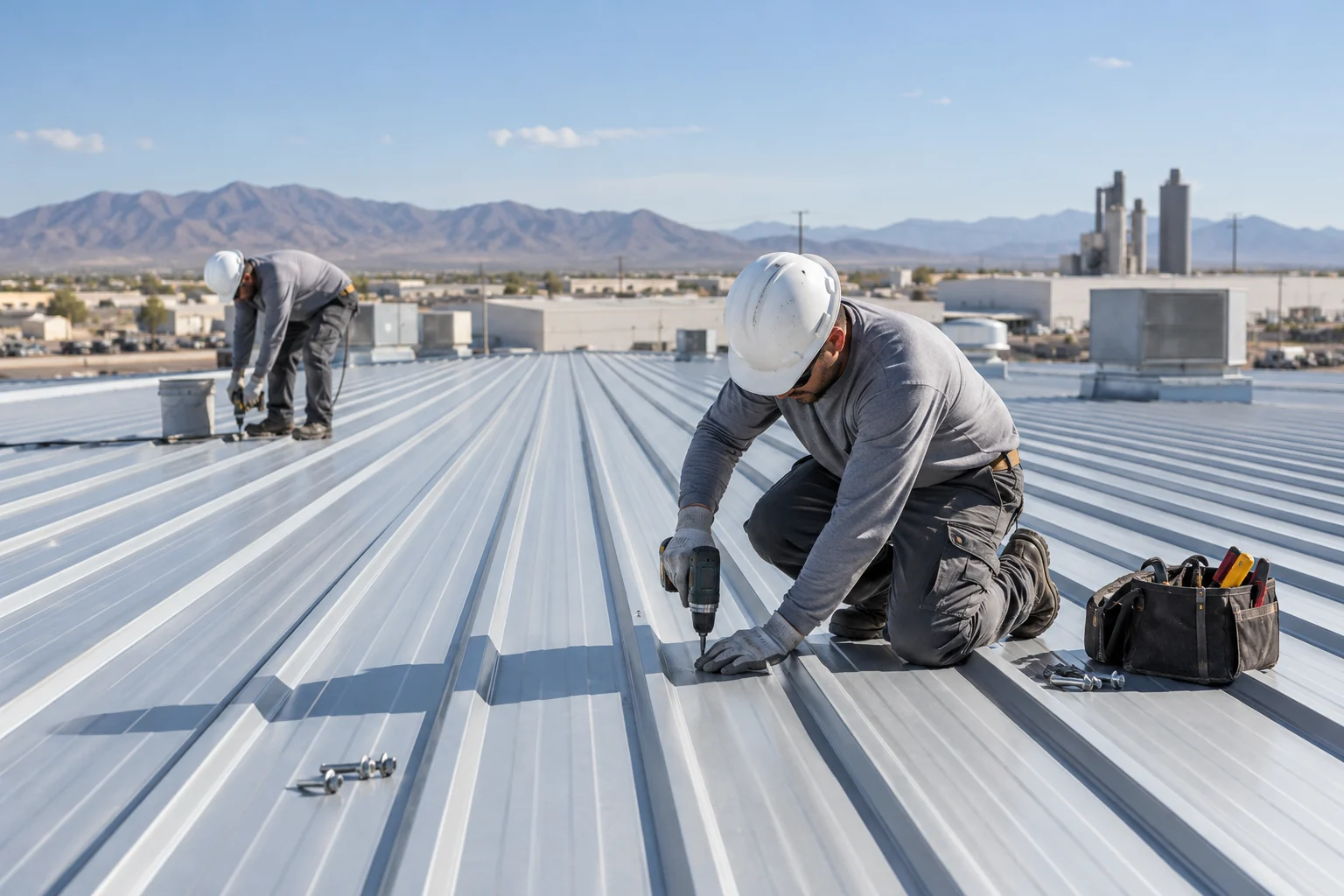 Broad ribbed metal roof of a large commercial warehouse