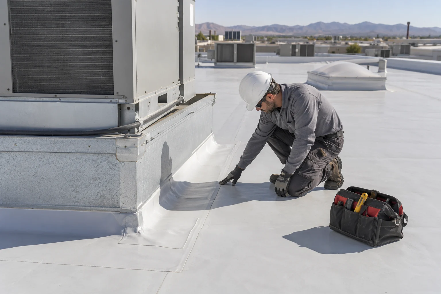 Roofer checking a light gray PVC roof membrane beside a commercial equipment curb