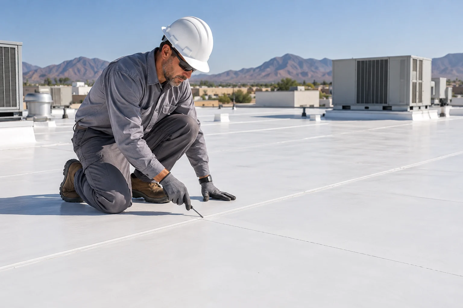 Roof technician inspecting white TPO membrane seam on a commercial roof